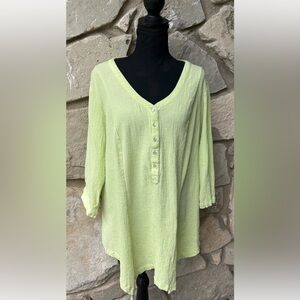 WOMAN WITHIN‎ Tunic Top 1X Green 100% Cotton Gauze Fabric 3/4 Sleeves Excellent